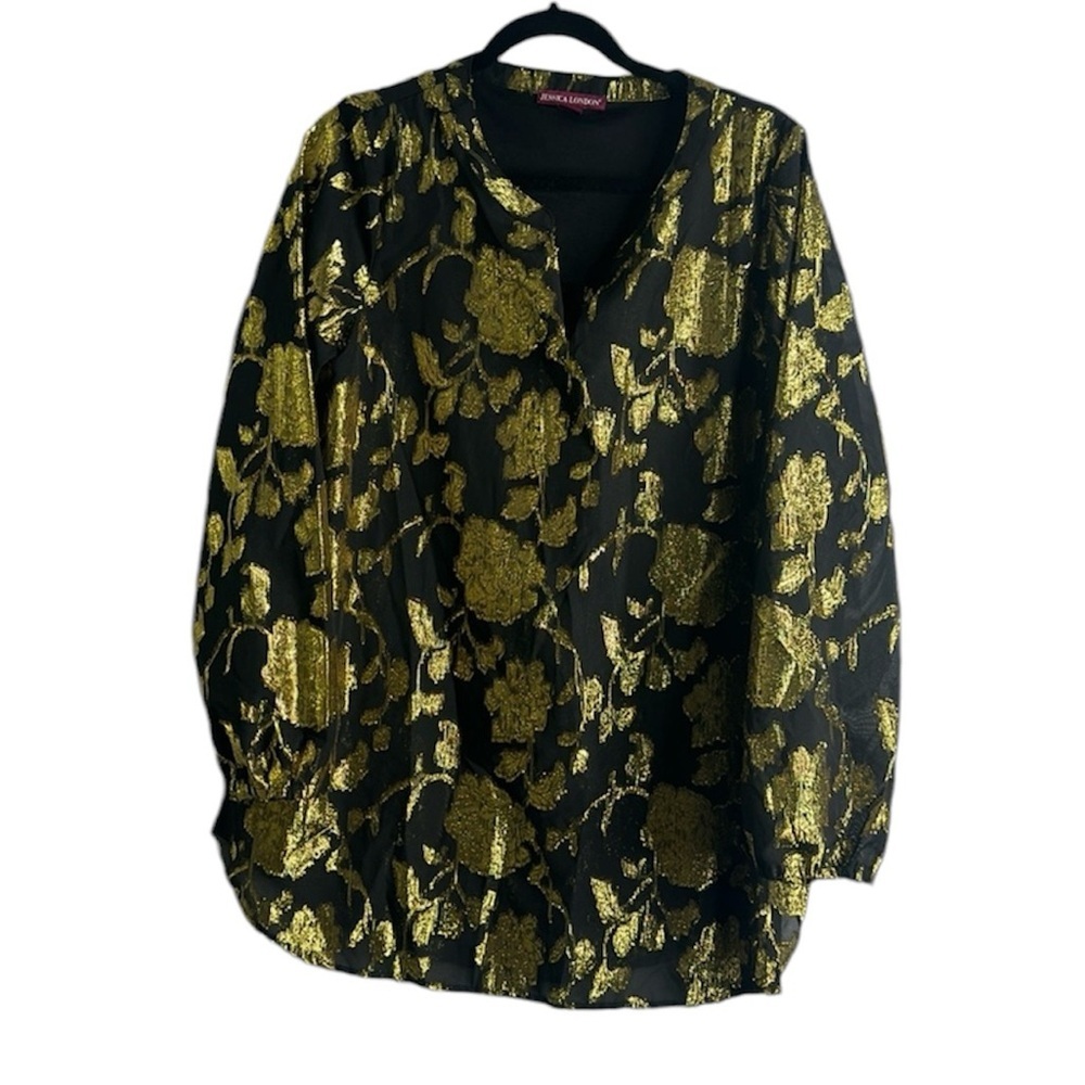 Jessica London sheer metallic YNeck black and gold blouse size 16 long sleeves